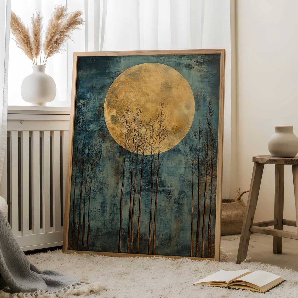 Golden Full Moon Rising Behind Bare Trees on Teal Celestial Art Poster