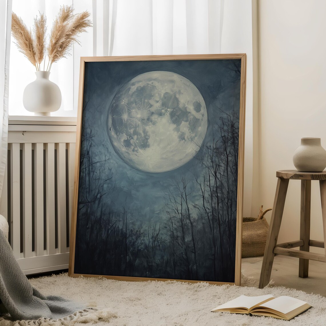 Full Moon Through The Trees, Dark Academia Moon Print