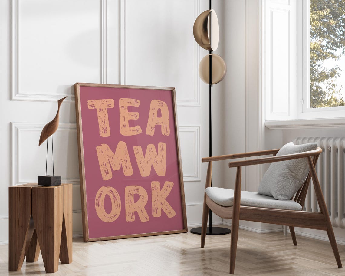 Teamwork Blush Pink Distressed Typography Motivational Office Poster - Image 3