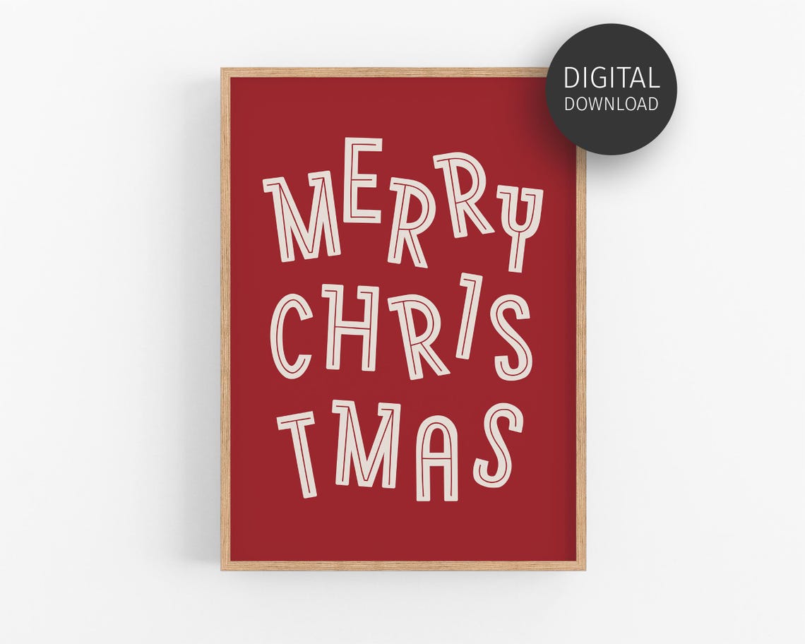 Merry Christmas Bold Retro Lettering On Red Holiday Wall Art