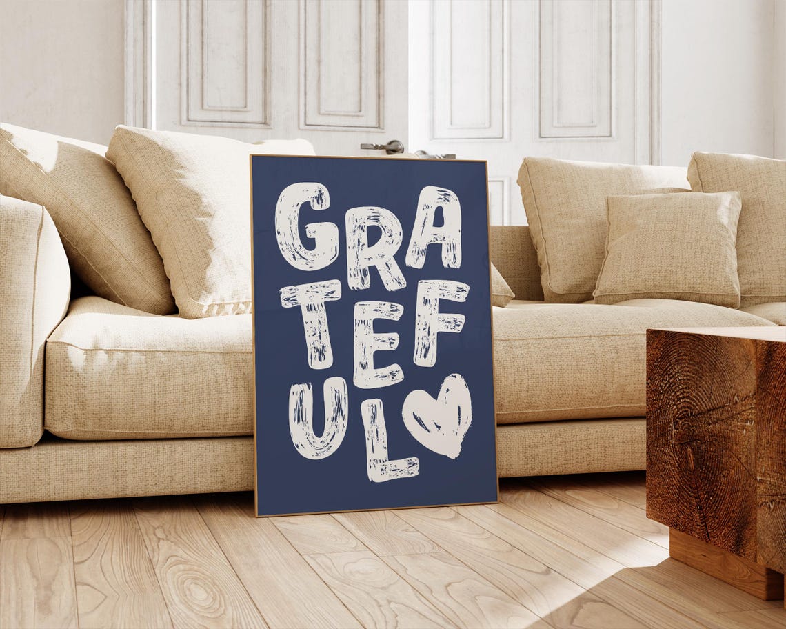 Grateful Bold Hand Lettered Heart Navy Blue Positivity Wall Art - Image 3