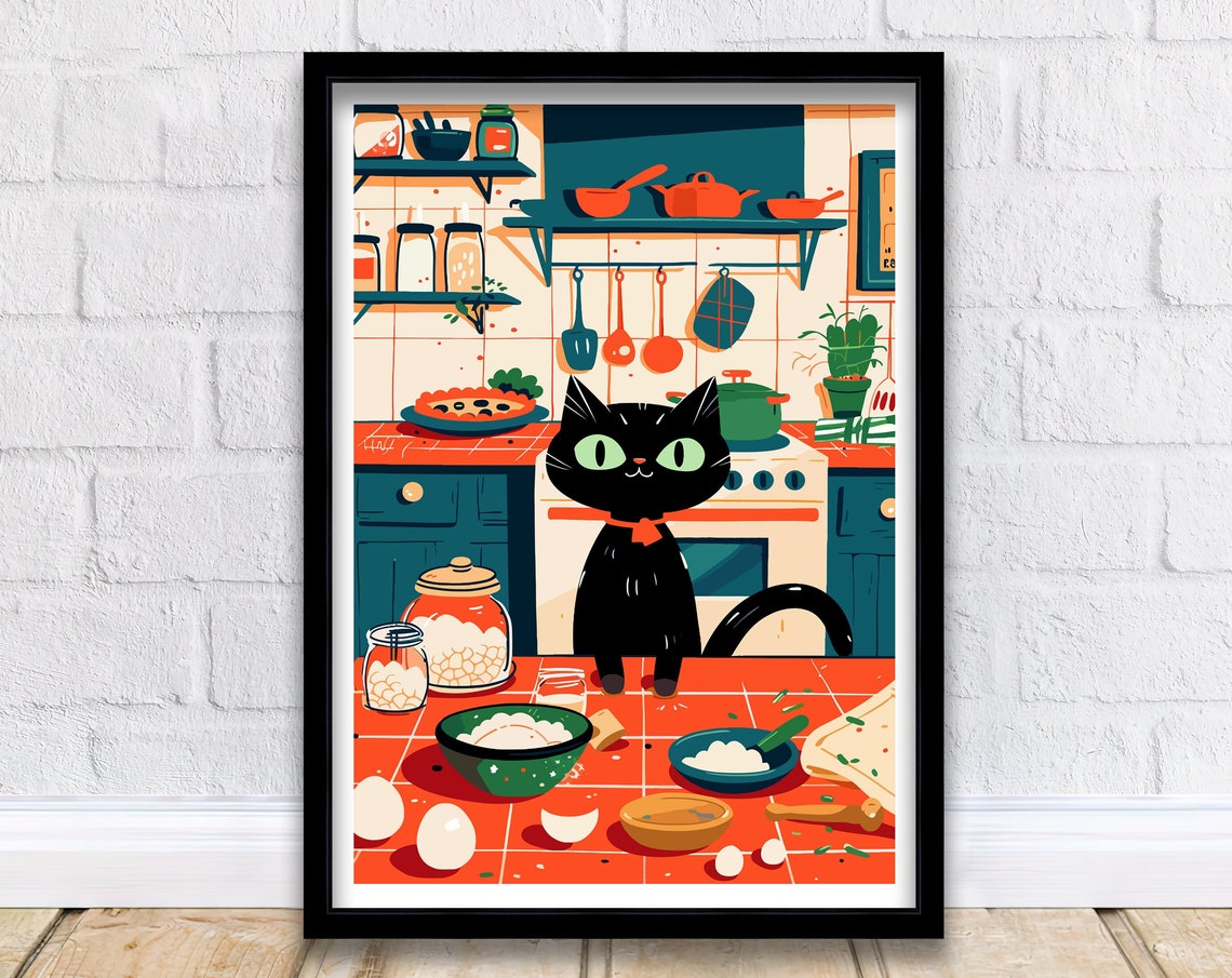 Cute Black Cat Baking in Retro Kitchen Funny Illustration Poster