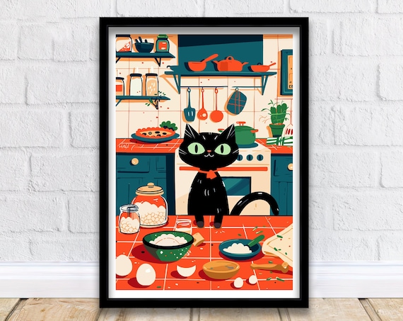 Cute Black Cat Baking in Retro Kitchen Funny Illustration Poster
