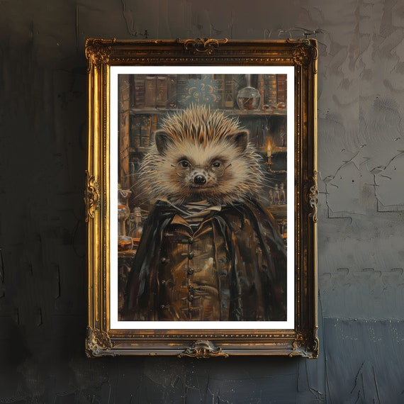 Gothic Hedgehog Alchemist Print Dark Academia Art Decor Antique Animal Portrait Victorian Era Poster