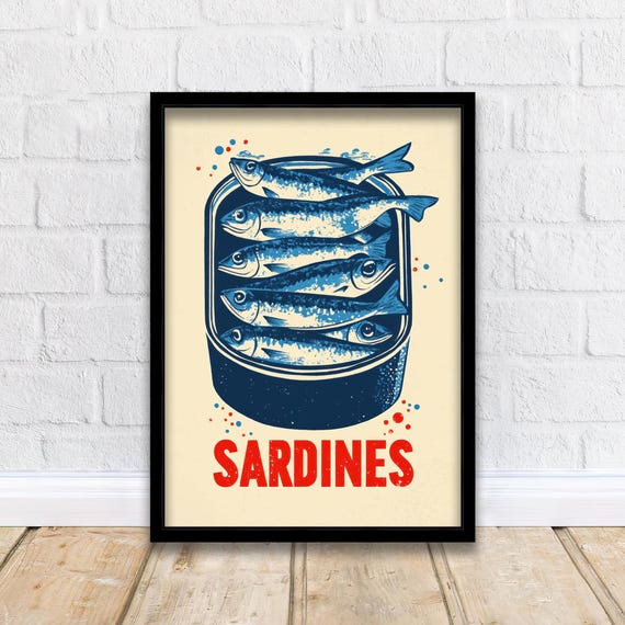 Sardines Tin Poster Retro Pop Art Style Blue Red Kitchen Wall Print For Coastal Cafe Or Bold Foodie Decor