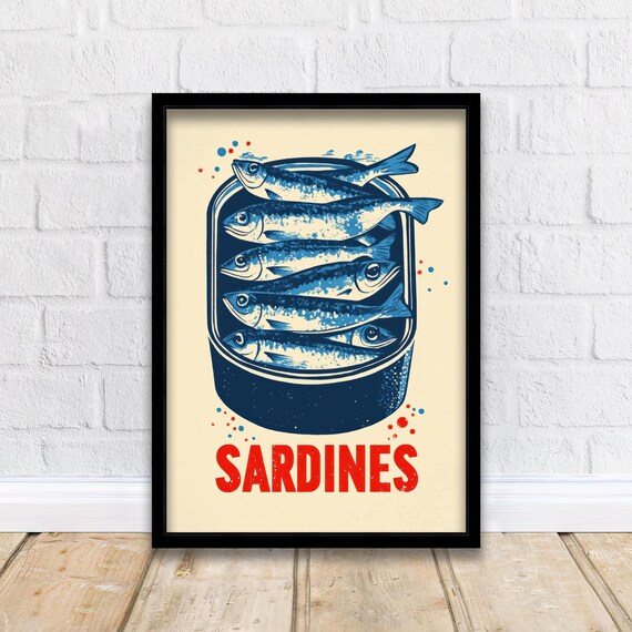 Vintage Sardines Tin Blue And Red Retro Pop Art Kitchen Poster