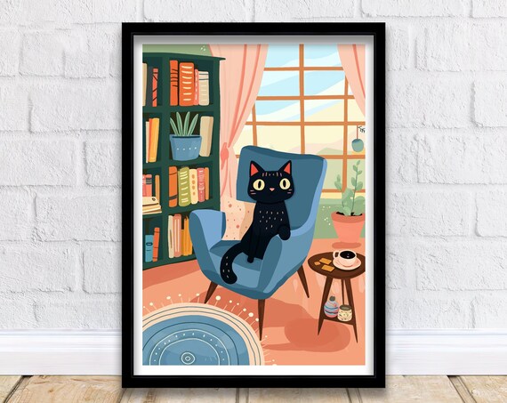 Black Cat Relaxing in Blue Armchair Cozy Reading Nook Art Poster