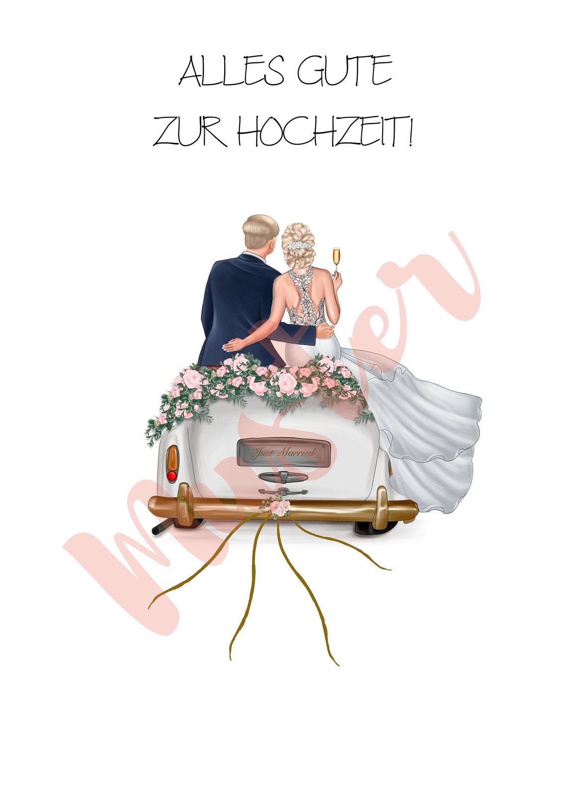 Blonde Flower Crown Bride and Groom on Floral Just Married Car Poster - Image 2