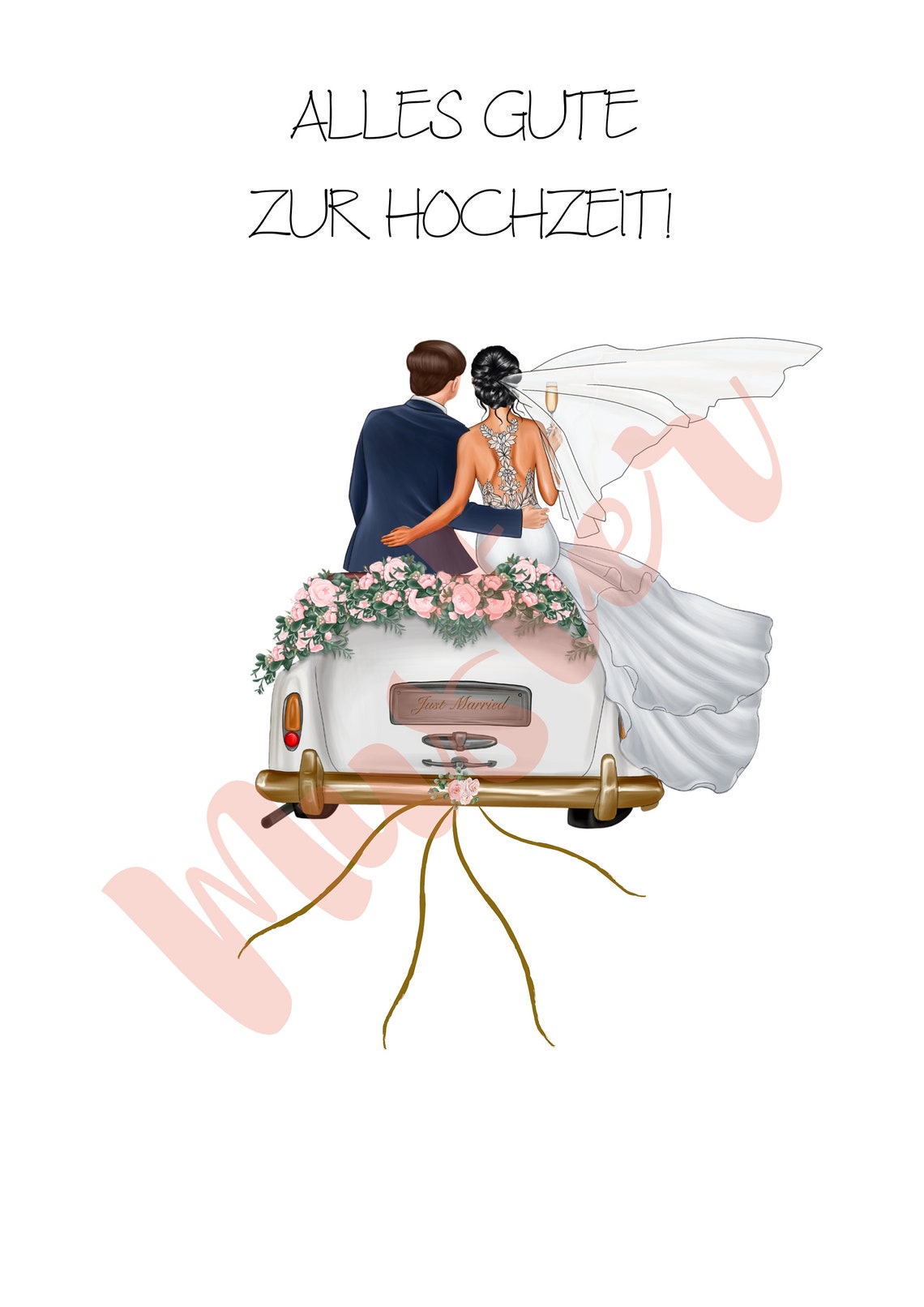 Long Black Ponytail Bride and Groom on Pink Rose Wedding Car Poster - Image 2
