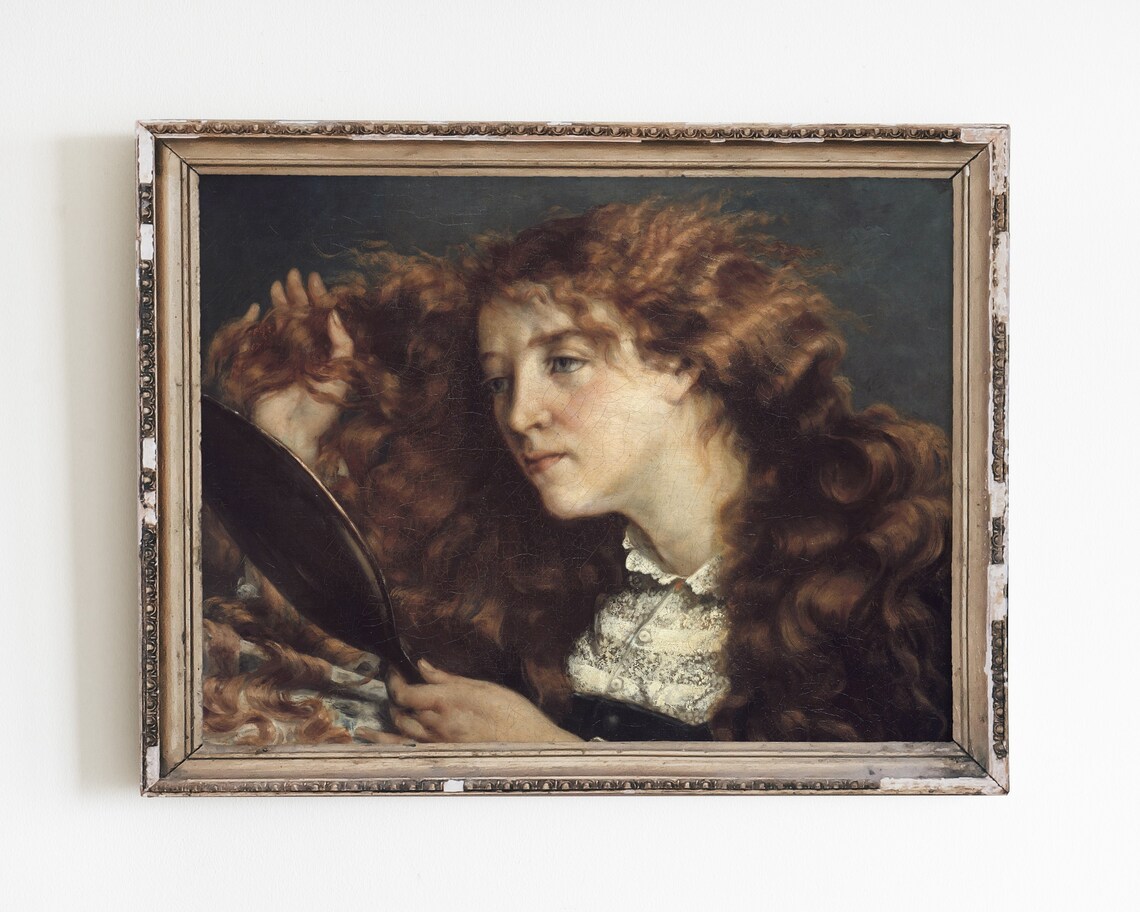 Red Haired Woman With Hand Mirror Romantic Moody Oil Portrait Art Print