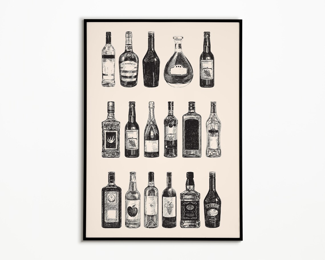 Bar Cart Vintage Liquor Bottles Art Print