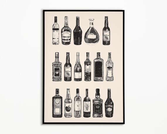 Bar Cart Vintage Liquor Bottles Art Print