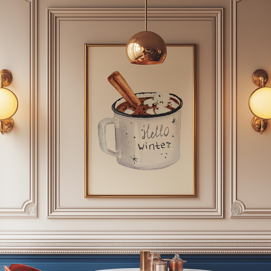 Hello Winter Hot Cocoa Mug Watercolor Cozy Christmas Wall Poster