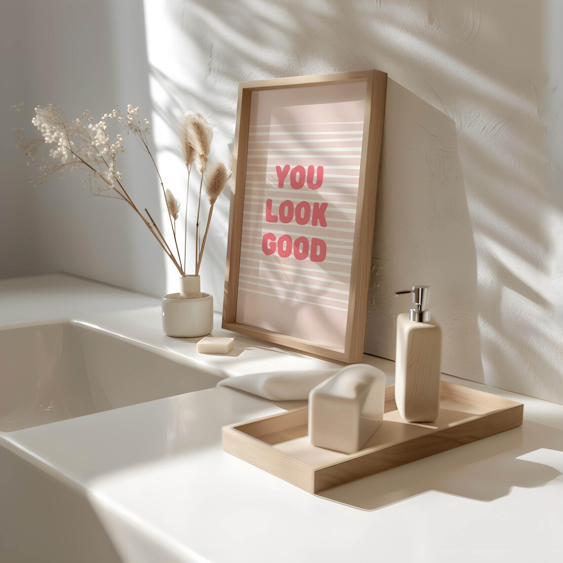 You Look Good Poster Pink Striped Inspirational Bathroom Decor Art - Image 2