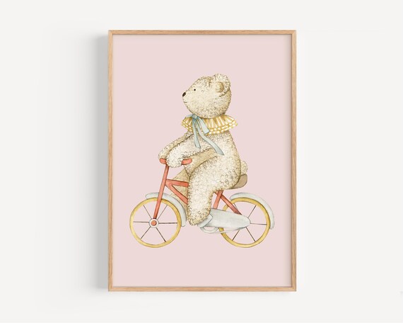 Teddy Bear On Bicycle, Vintage Nursery Decor