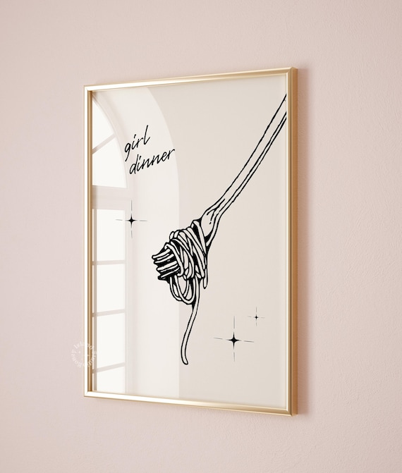 Girl Dinner Spaghetti Kitchen Print Dorm Decor Retro Wall Art Trendy Prints Neutral Apartment Funky Indie