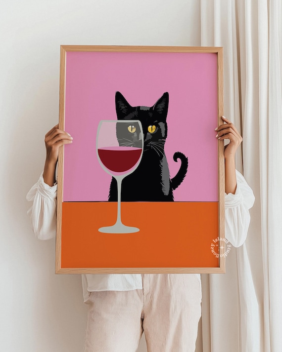 Funny Black Cat Red Wine Glass Pink Retro Kitchen Bar Poster