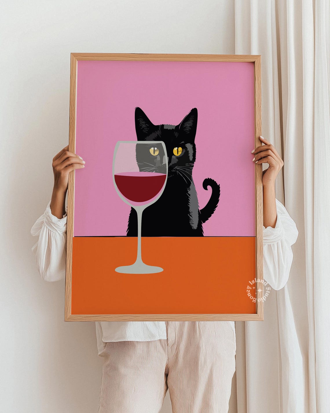 Funny Black Cat Red Wine Glass Pink Retro Kitchen Bar Poster