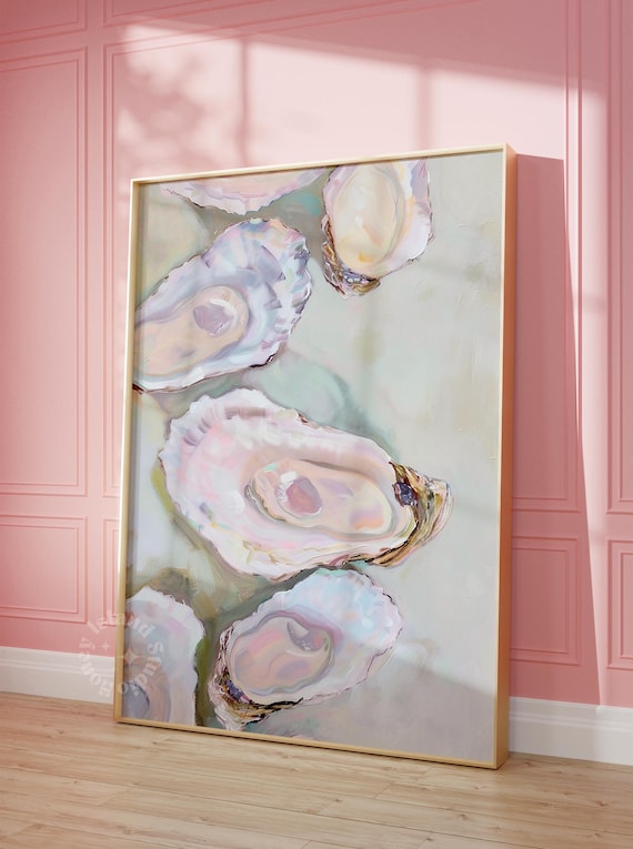 Pastel Oyster Painting Coastal Kitchen Decor Summer Food Wall Art