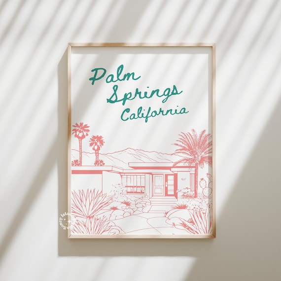 Palm Springs California Pink Mid-Century House Script Retro Art Poster