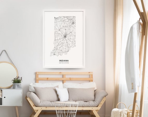 Indiana Map Print, Modern Minimalist Wall Art