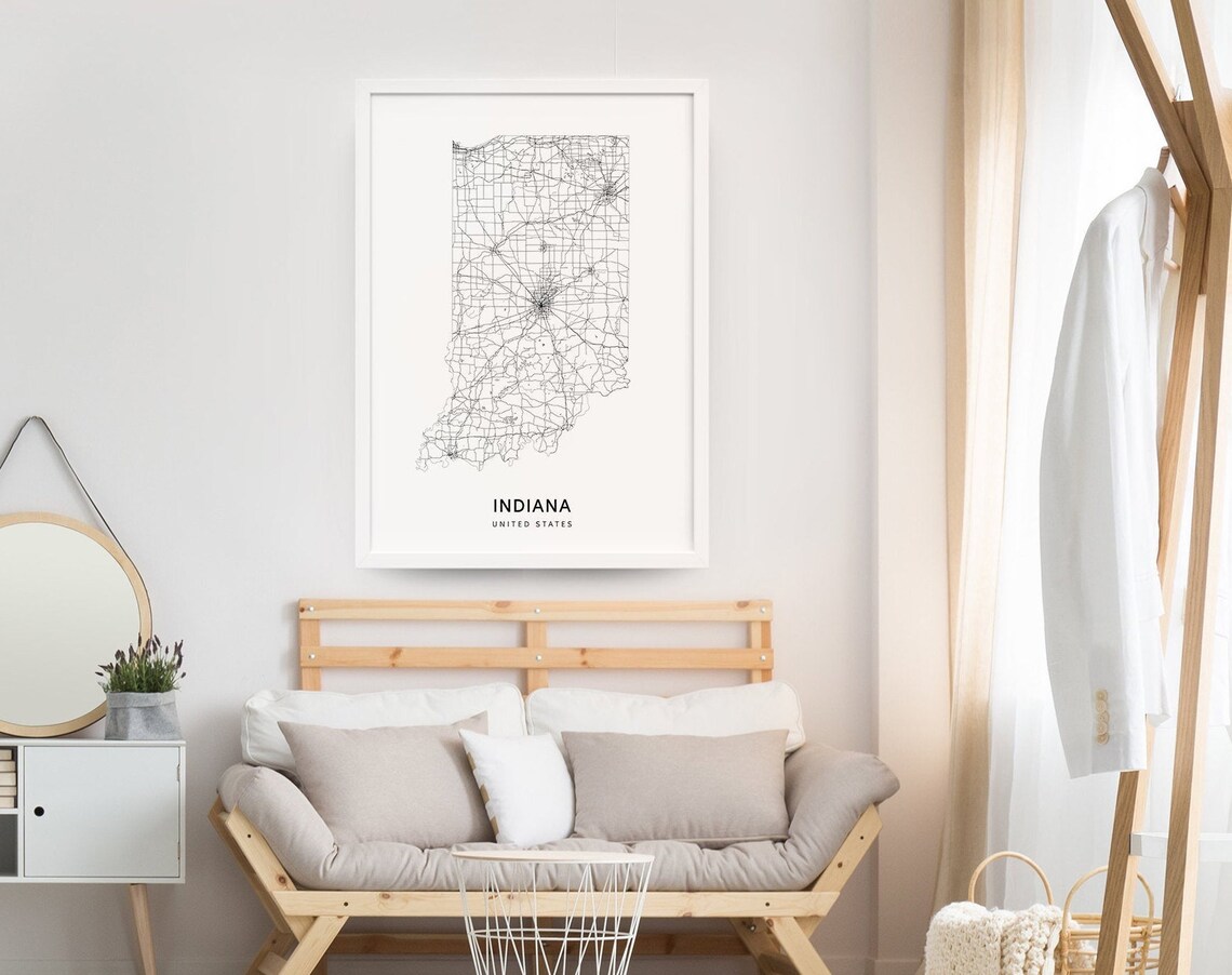 Indiana Map Print, Modern Minimalist Wall Art
