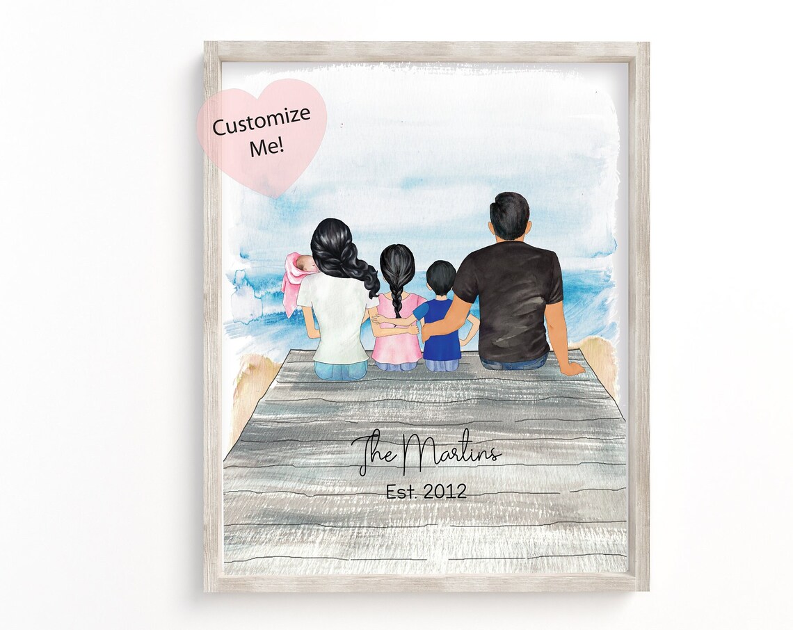 Beach Family Custom Name Portrait Poster Five People Dock Sunset Scene