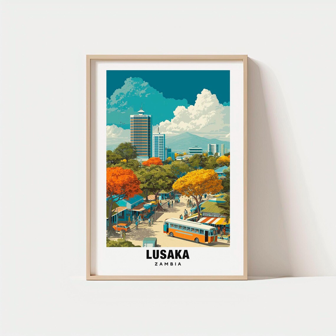 Lusaka Zambia City Skyline Market Street Retro Travel Poster