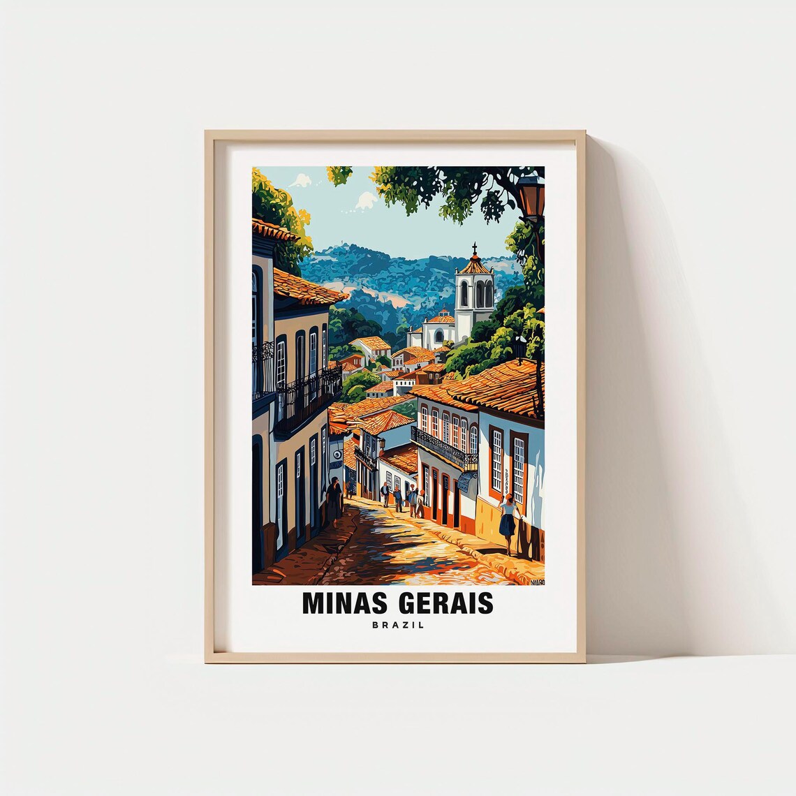 Minas Gerais Brazil Colonial Town Cobblestone Street Vintage Poster