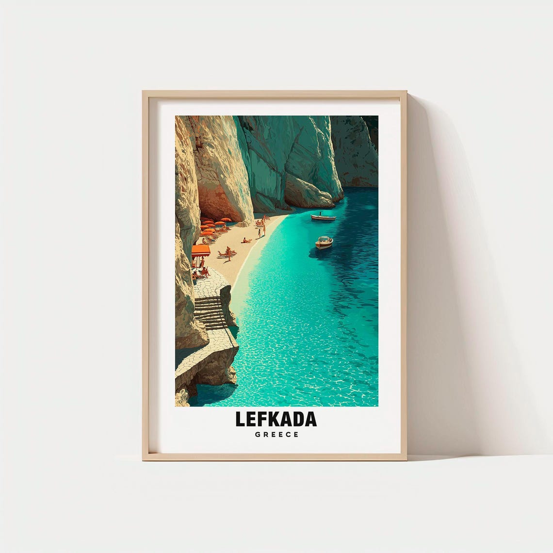 Lefkada Greece Cliff Beach Umbrellas Turquoise Cove Travel Poster