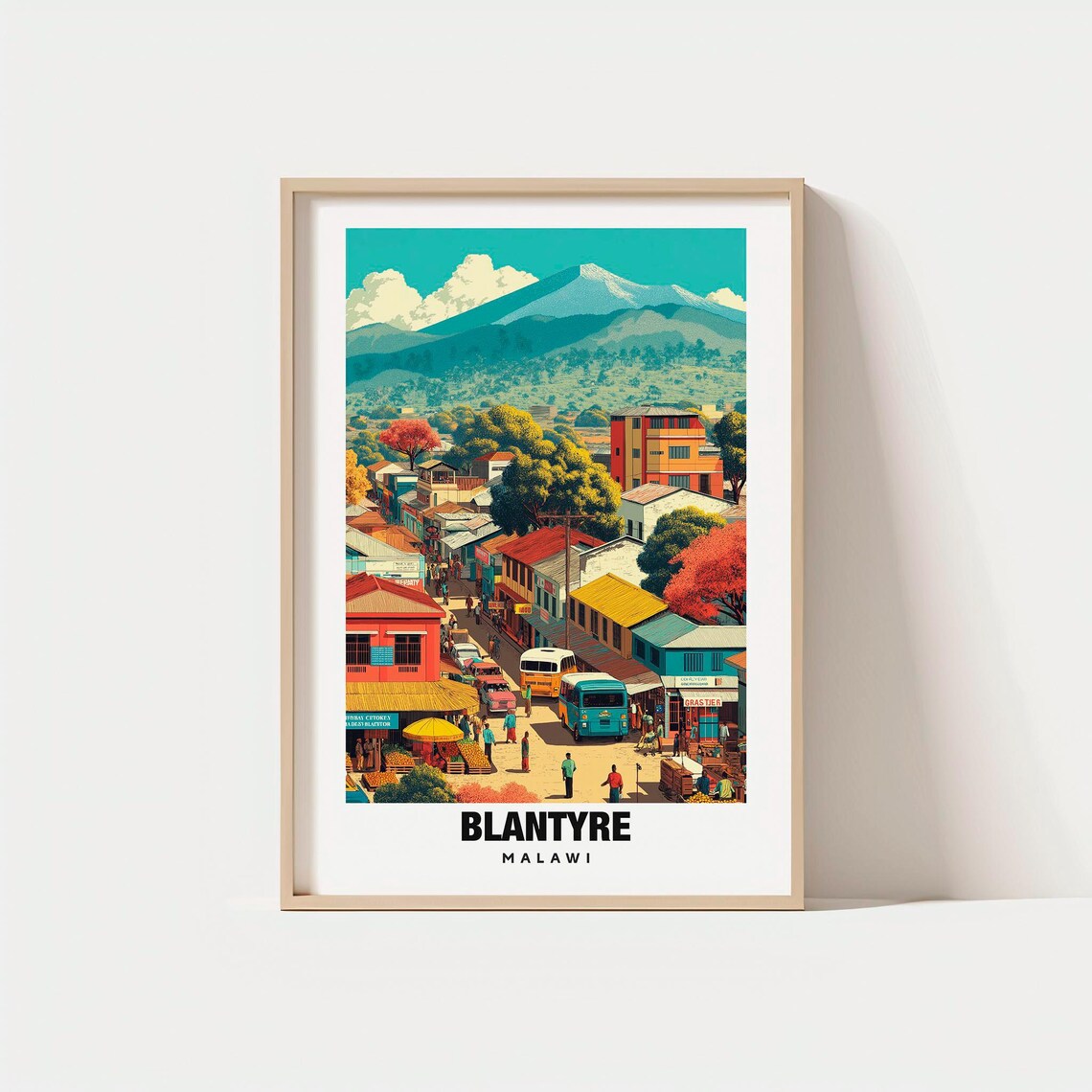 Blantyre Malawi Bustling Market Street with Colorful Buildings Poster