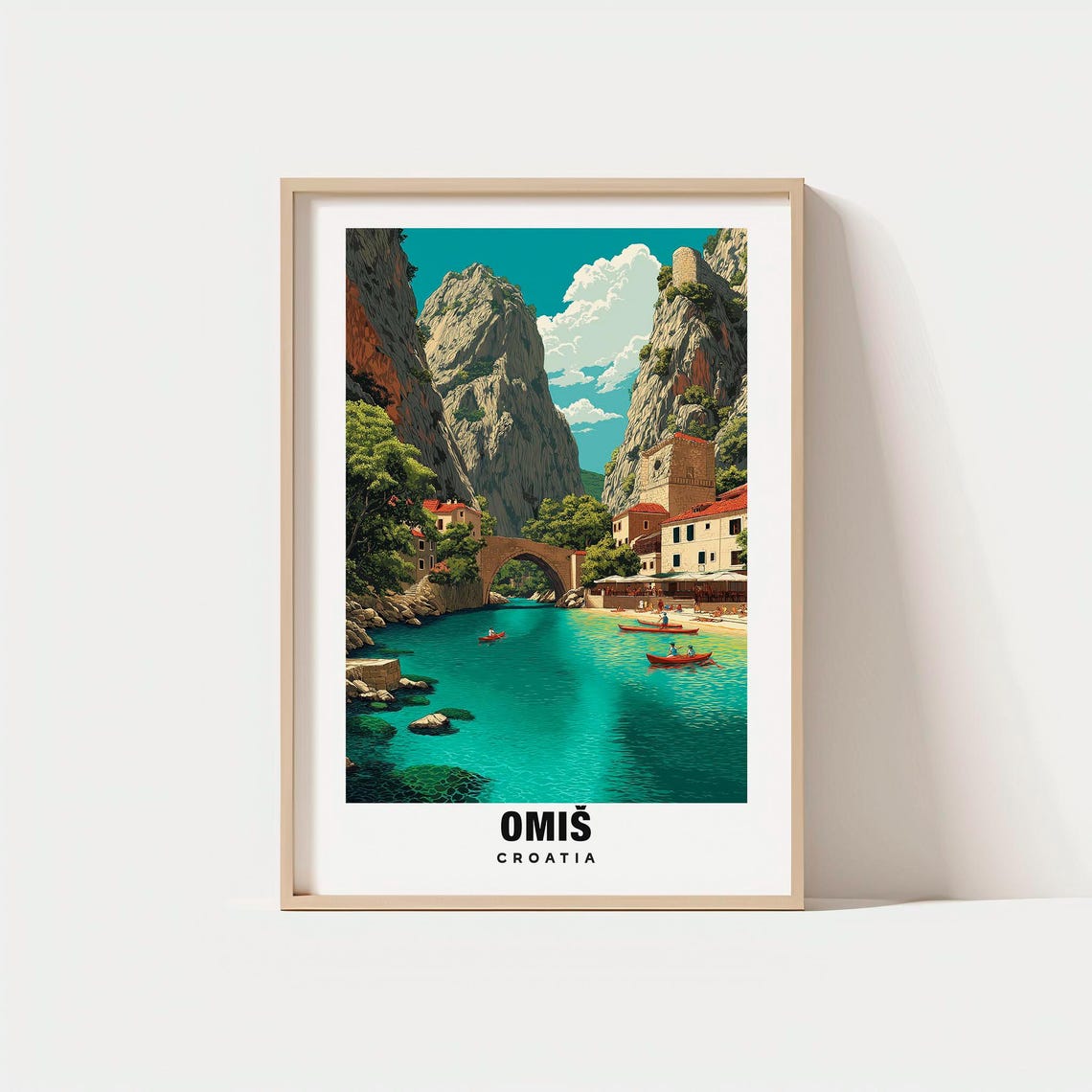 Omiš Croatia River Gorge Stone Bridge Boats Old Town Travel Poster