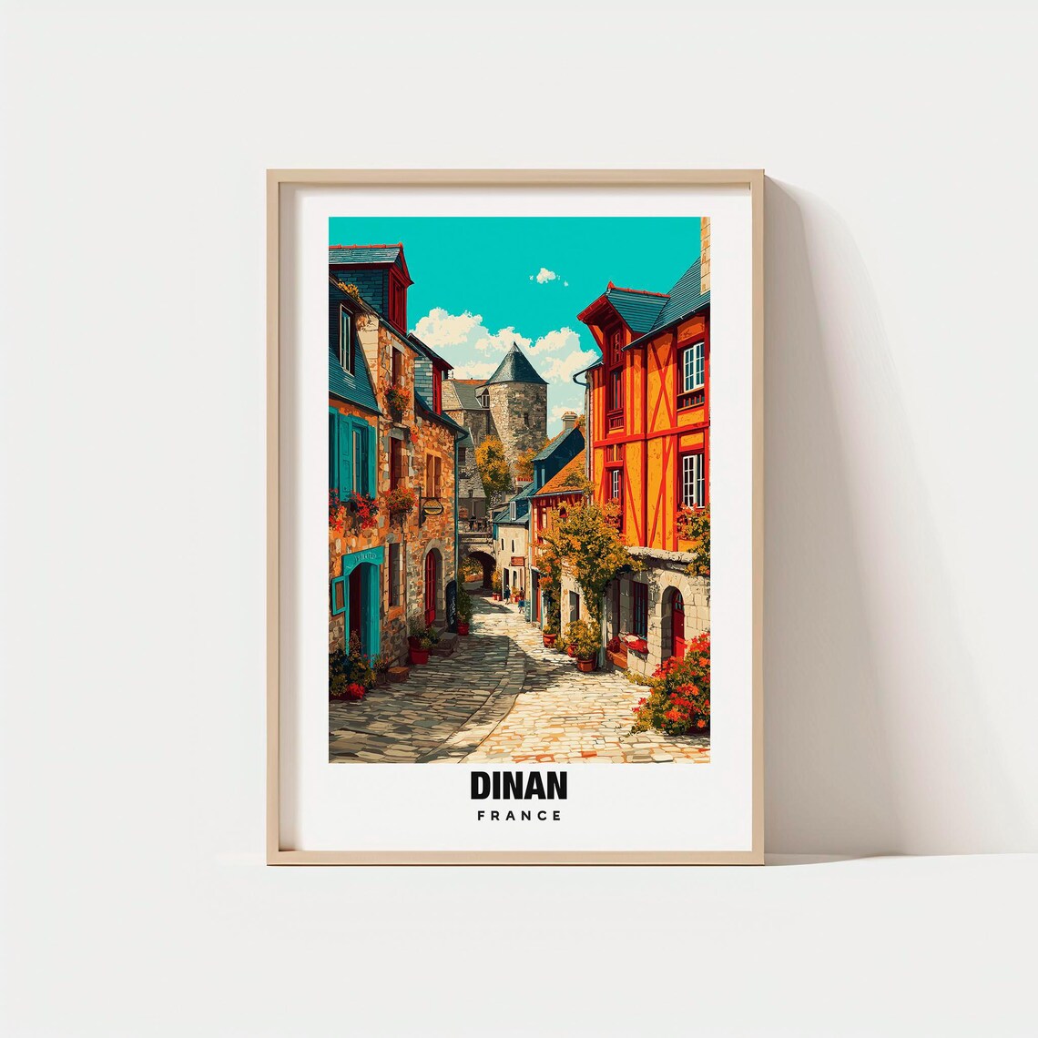 Dinan France Medieval Cobblestone Street Timbered Houses Poster