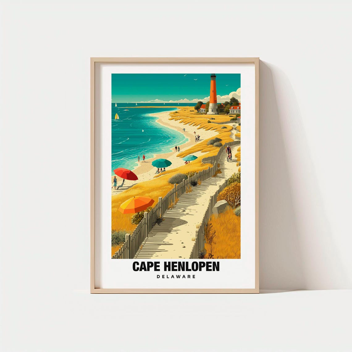 Cape Henlopen Delaware Lighthouse Beach Dunes Vintage Coastal Poster