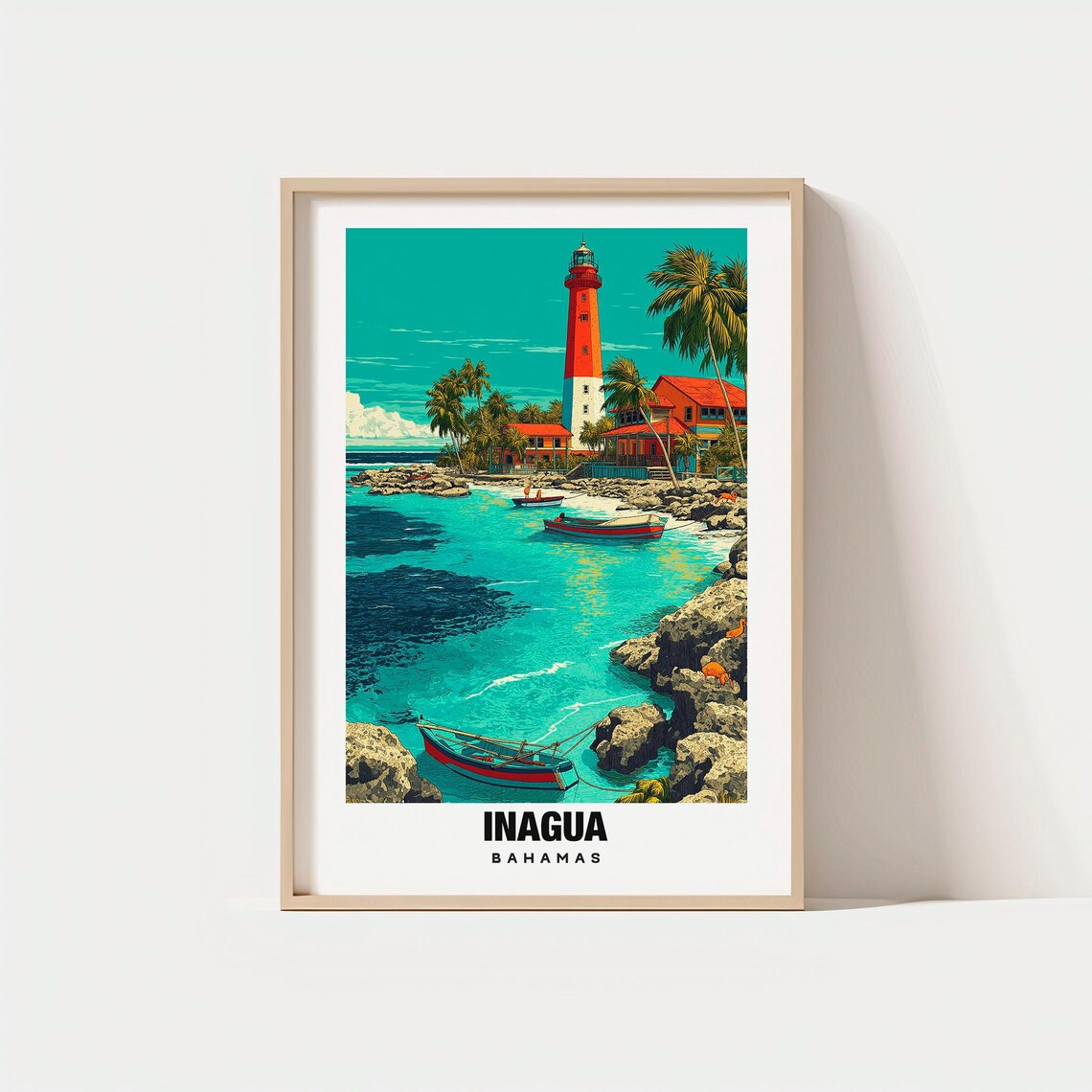 Inagua Bahamas Lighthouse Turquoise Cove Vintage Travel Poster