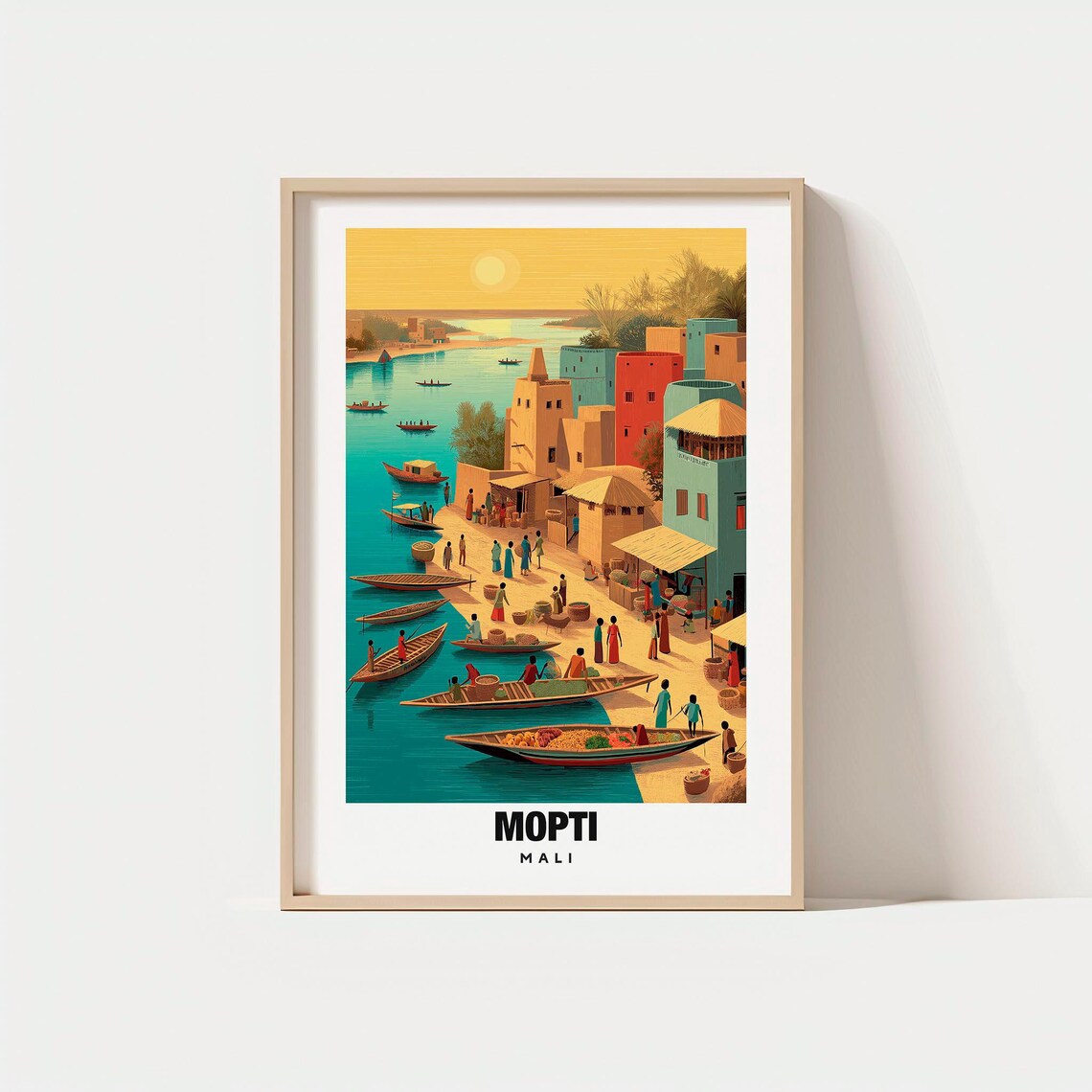 Golden Mopti Mali River Port Canoes Market Sunset Travel Poster