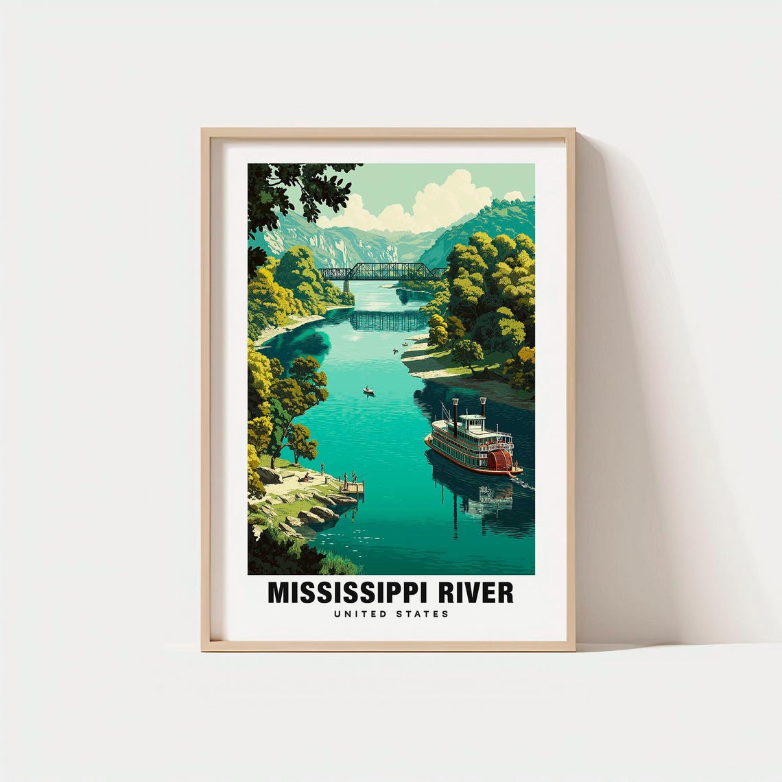 Mississippi River Paddlewheel Steamboat Bridge Scenic View Poster