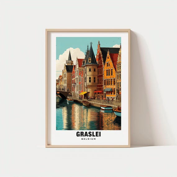 Graslei Print Ghent Poster Canal Views Travel Art Historic Charm Scenic Beauty Belgian Architecture Riverfront Scenecultural Escape