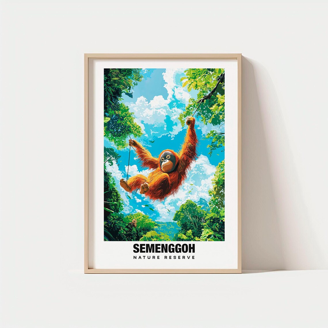 Semenggoh Nature Reserve Orangutan Swinging In Jungle Travel Poster