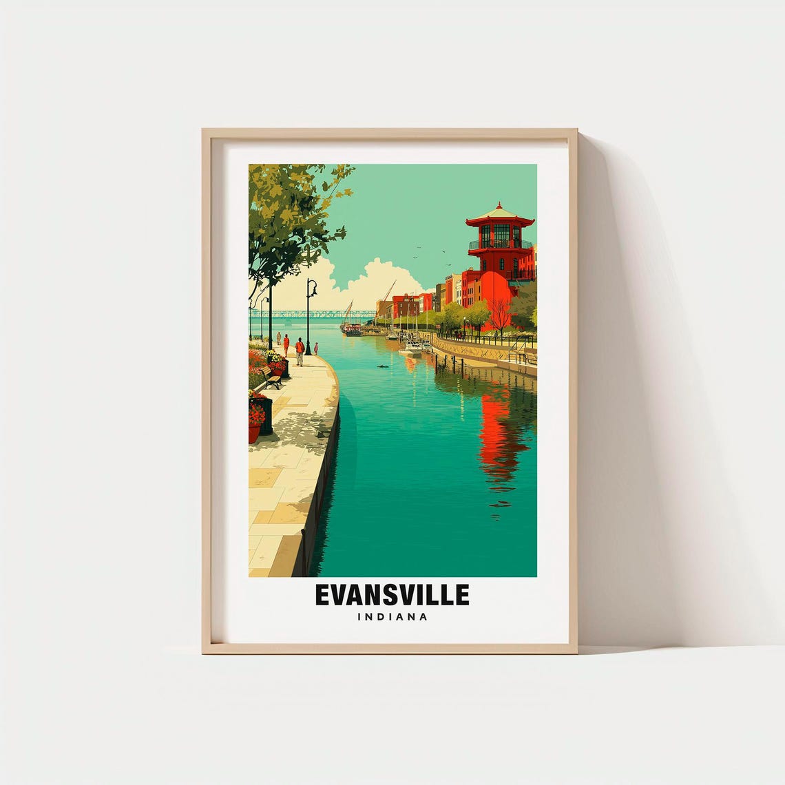 Evansville Indiana Riverfront Promenade Pagoda Tower Vintage Poster