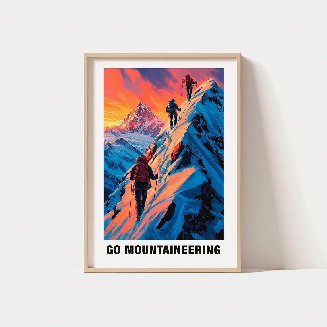 Go Mountaineering Snowy Summit Ridge Sunset Climbers Adventure Poster