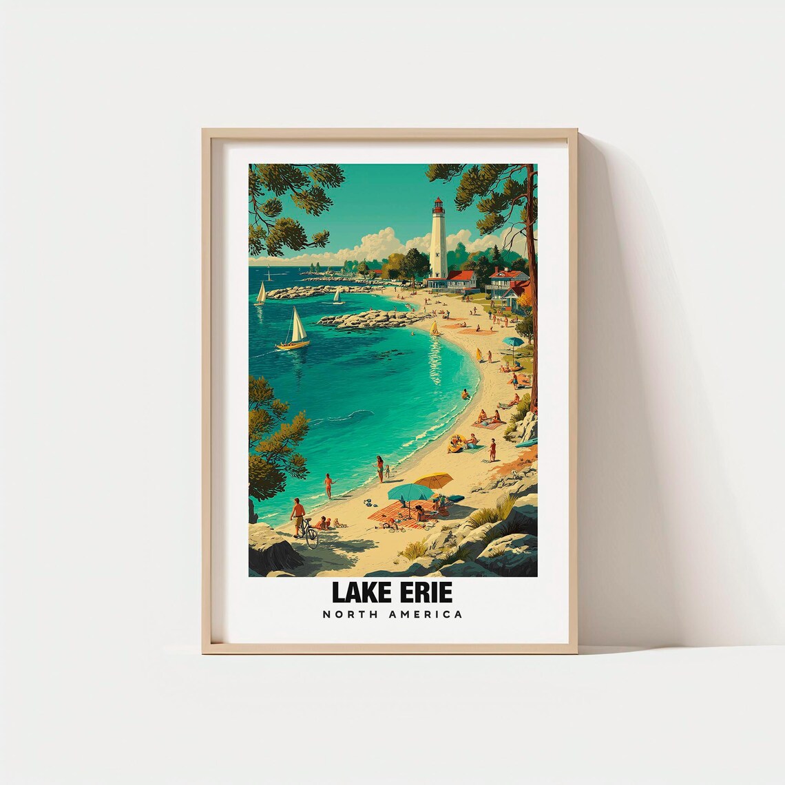 Lake Erie Lighthouse Sandy Beach Sailboats Vintage Retro Travel Poster