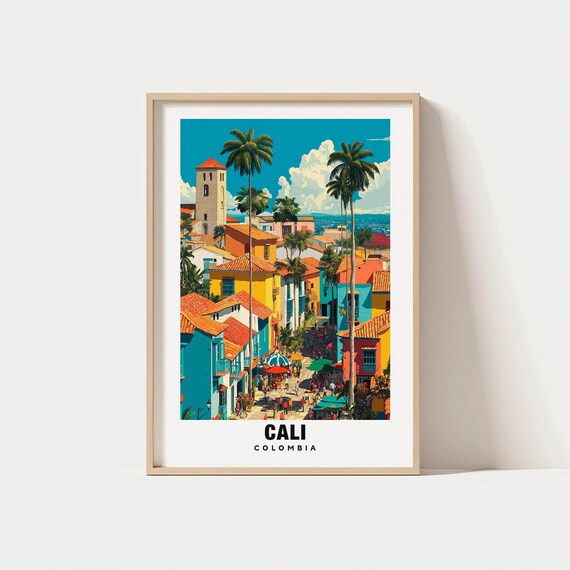 Cali Colombia Colorful Colonial Street Palms Vintage Travel Poster