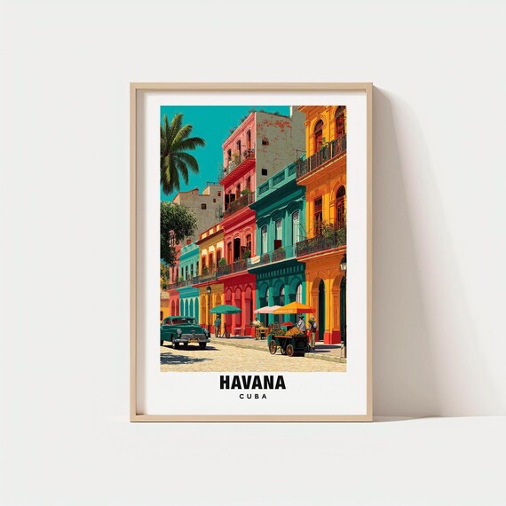 Havana Cuba Colorful Colonial Street Classic Car Vintage Travel Poster