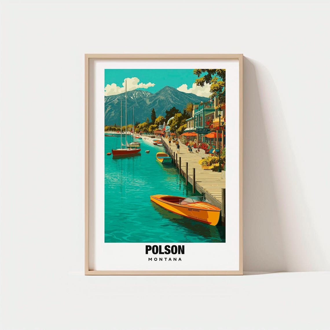 Polson Montana Lake Marina Boardwalk Mountains Vintage Travel Poster