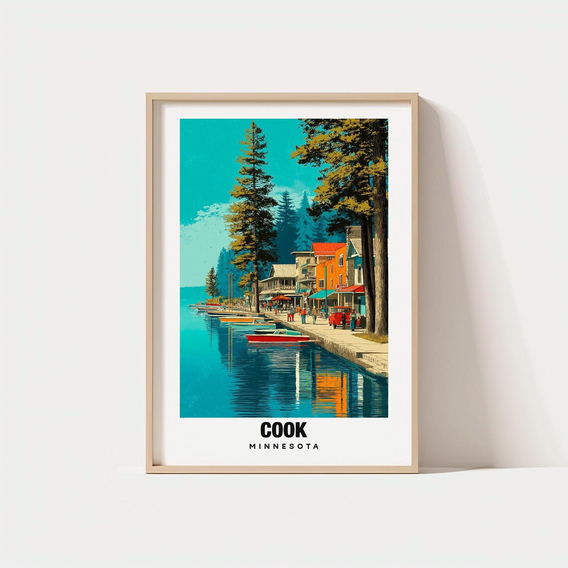 Cook Minnesota Lake Town Harbor Colorful Boats Pines Travel Poster