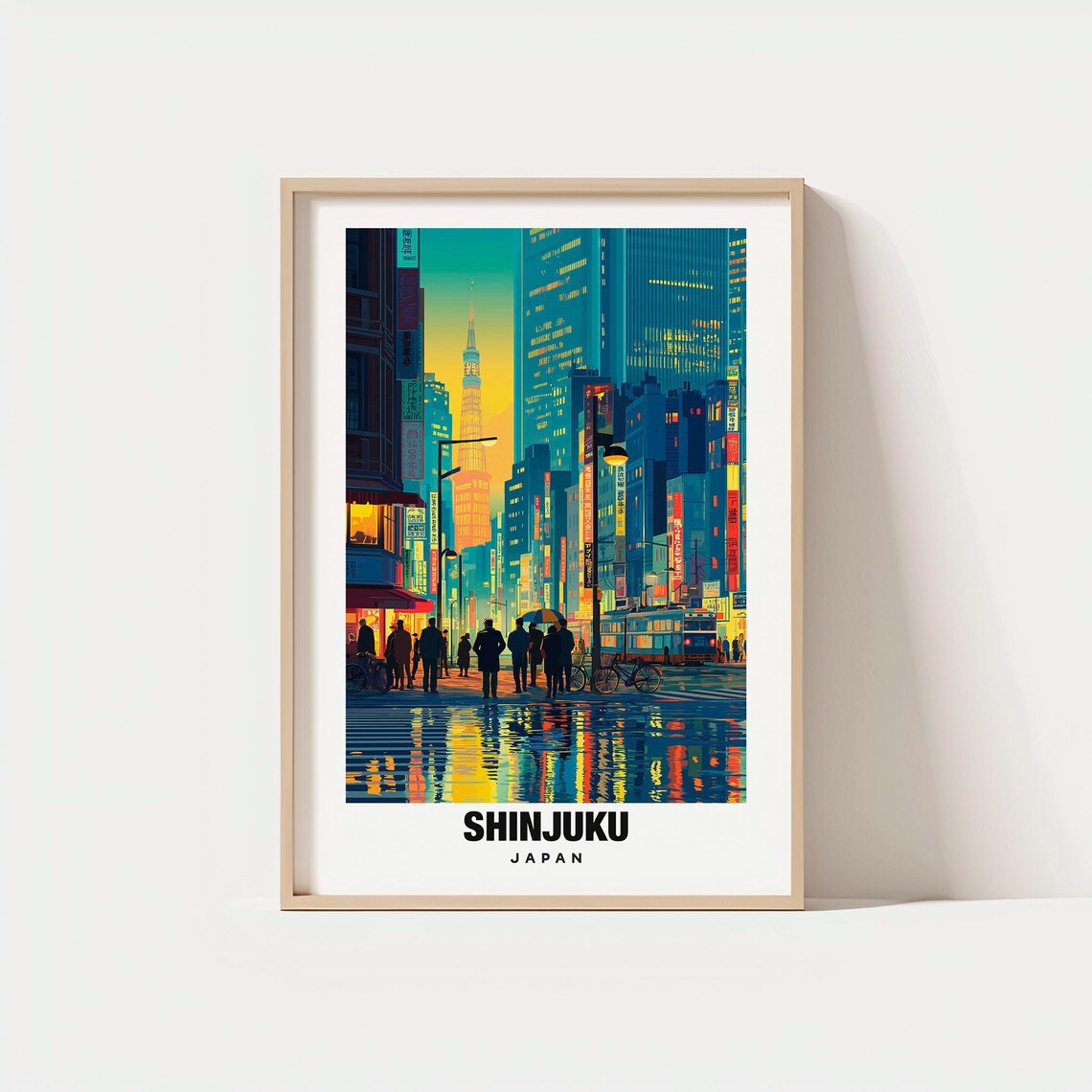 Shinjuku Japan Glowing Neon Night City Rainy Street Scene Poster