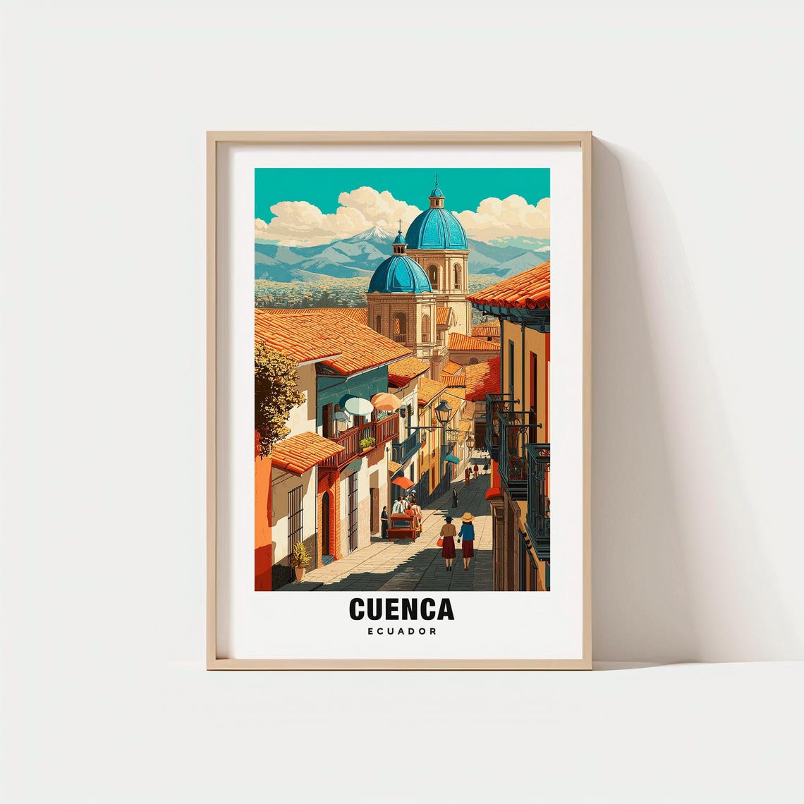 Cuenca Ecuador Blue Dome Cathedral Street Vintage Travel Poster