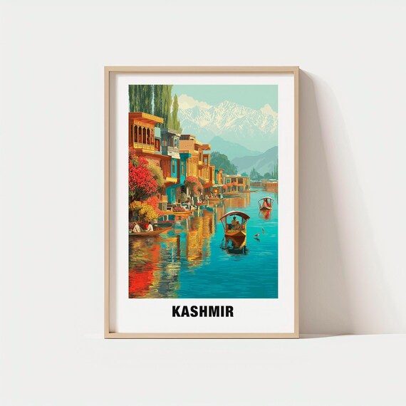 Kashmir Dal Lake Houseboats and Snowy Mountains Travel Poster