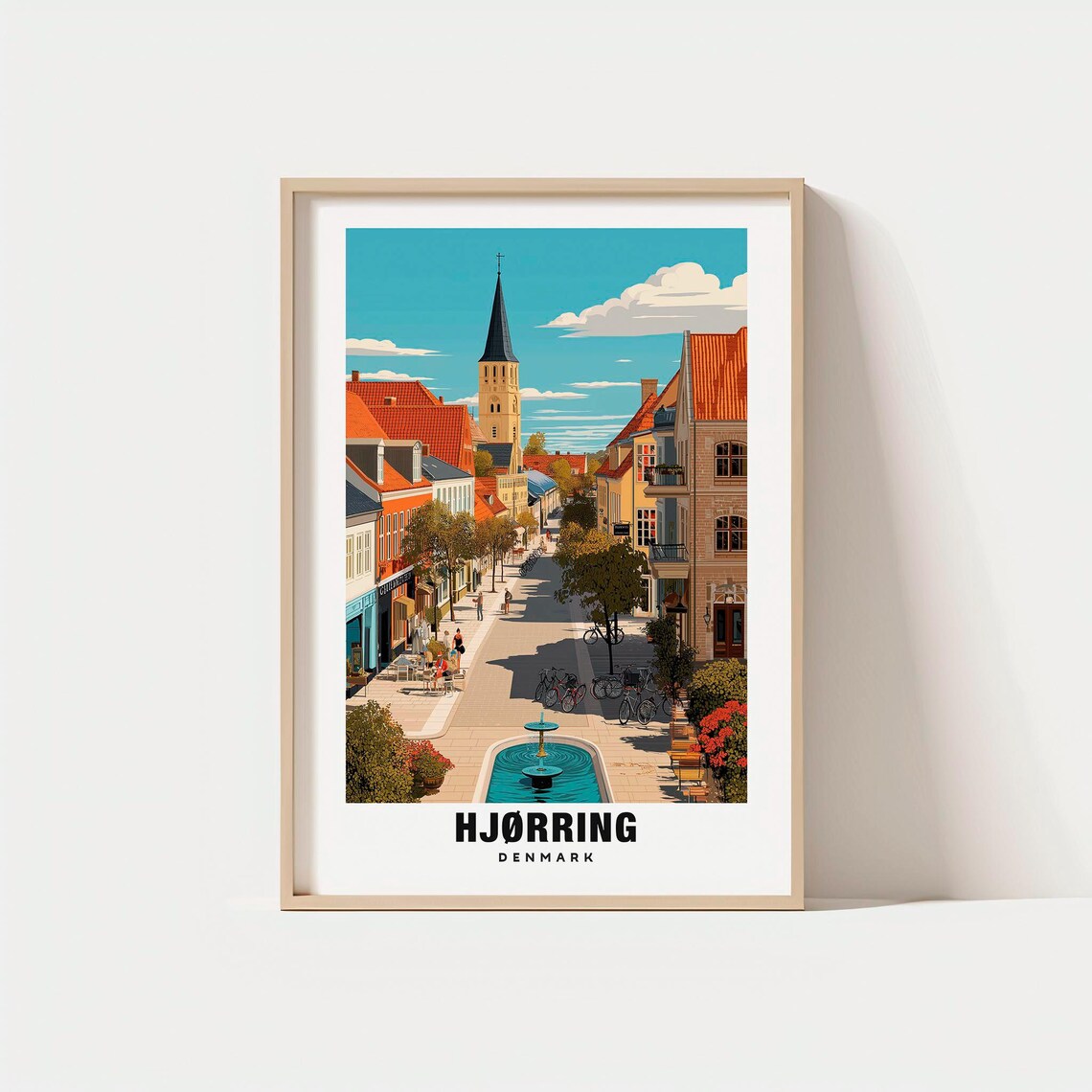 Hjørring Denmark Town Fountain Church Spire Red Roofs Street Poster